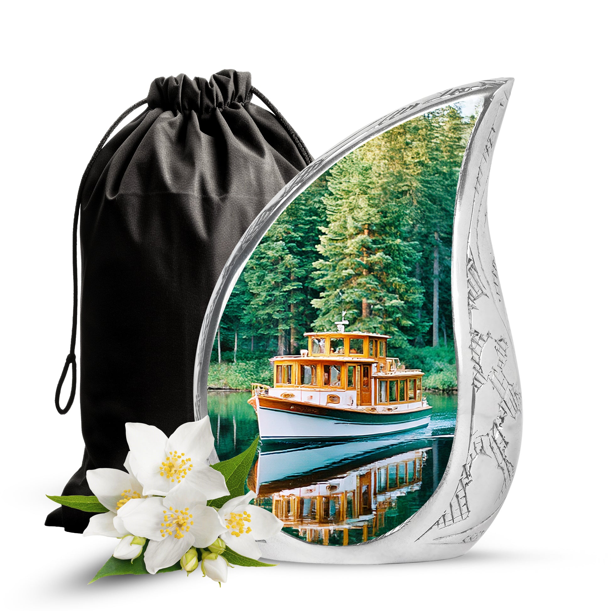 Deep Teal Boat Cremation Urn front view showing detailed design - smooth teardrop contour featuring boat art - full-size 10 inch 200 cubic inch adult cremation urn
