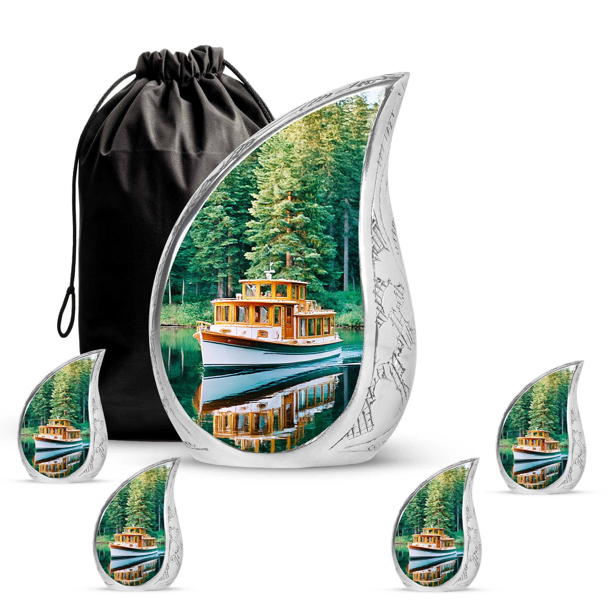 Deep Teal Boat Cremation Urn side profile showing urn shape - smooth teardrop contour featuring boat art - memorial set with one large and four small urns