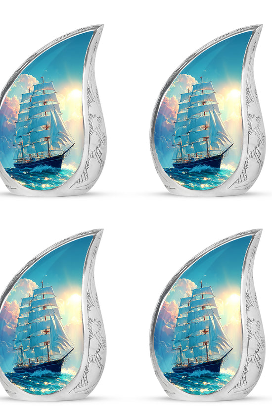 Deep Teal Boat Cremation Urn close-up of engraving and surface detail - smooth teardrop contour featuring boat art - 10 inch aluminum urn for cremated remains