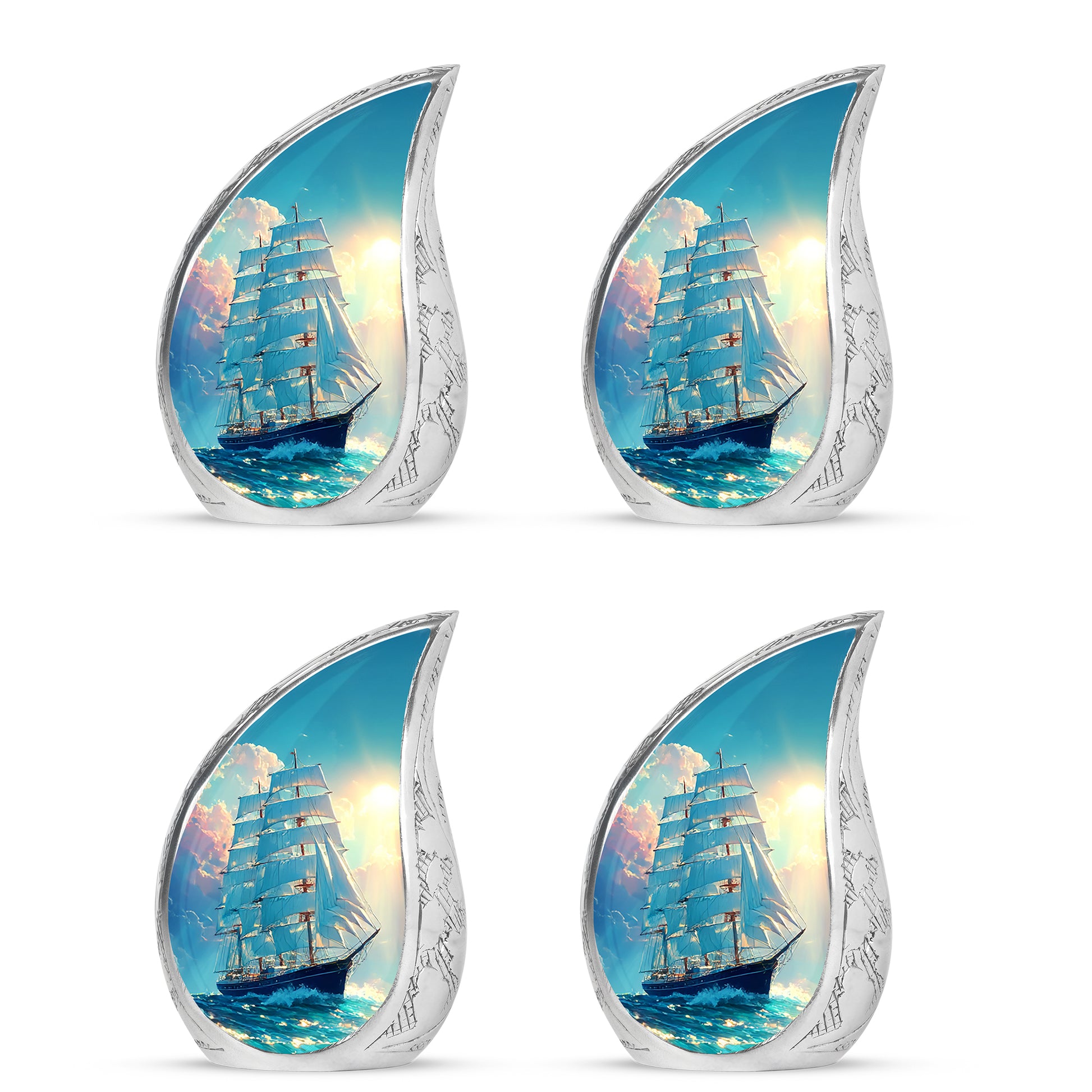 Deep Teal Boat Cremation Urn close-up of engraving and surface detail - smooth teardrop contour featuring boat art - 10 inch aluminum urn for cremated remains