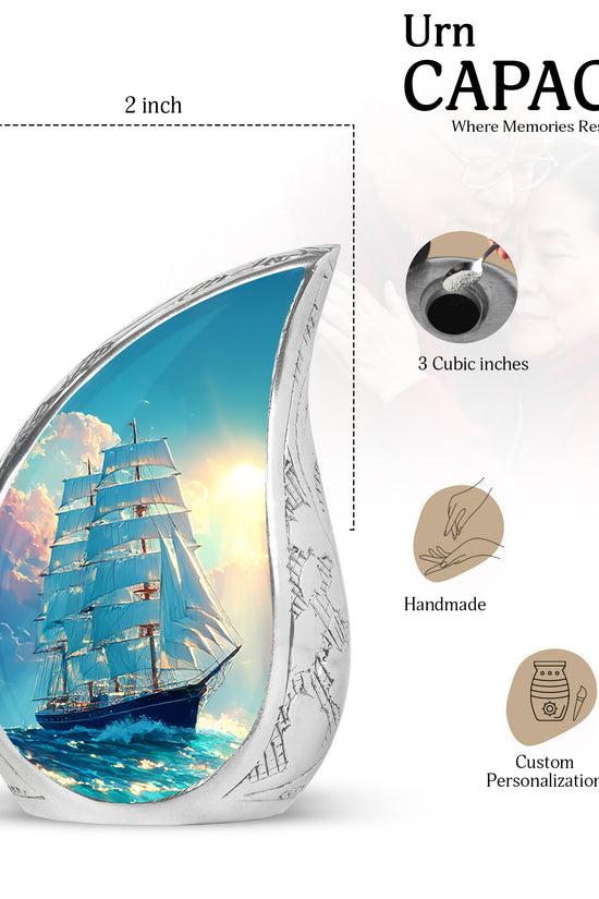 Ocean Teal Boat Cremation Urn angled view of lid and engraved motif - flowing teardrop boat silhouette on curved aluminum - mini keepsake memorial for portion of cremation ashes