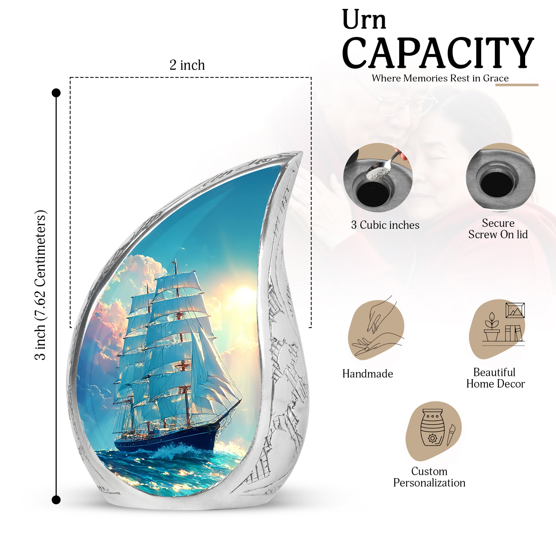 Ocean Teal Boat Cremation Urn angled view of lid and engraved motif - flowing teardrop boat silhouette on curved aluminum - mini keepsake memorial for portion of cremation ashes