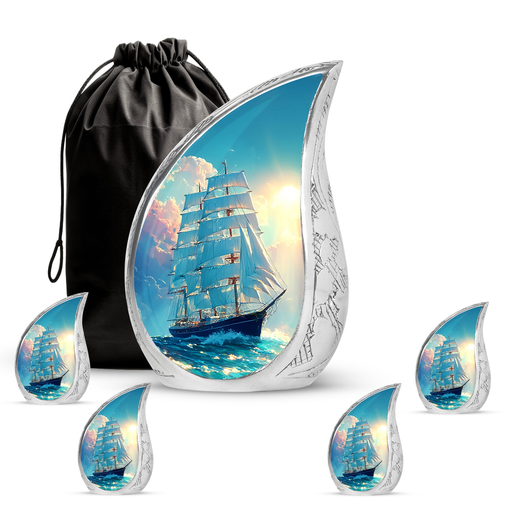 Cool Teal Boat Cremation Urn side profile showing urn shape - flowing teardrop boat silhouette on curved aluminum - memorial set with one large and four small urns
