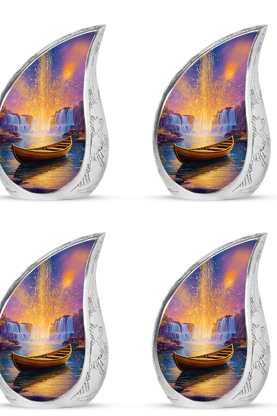 Pastel Pink Boat Cremation Urn close-up of engraving and surface detail - rounded teardrop boat design with delicate detail - 10 inch aluminum urn for cremated remains