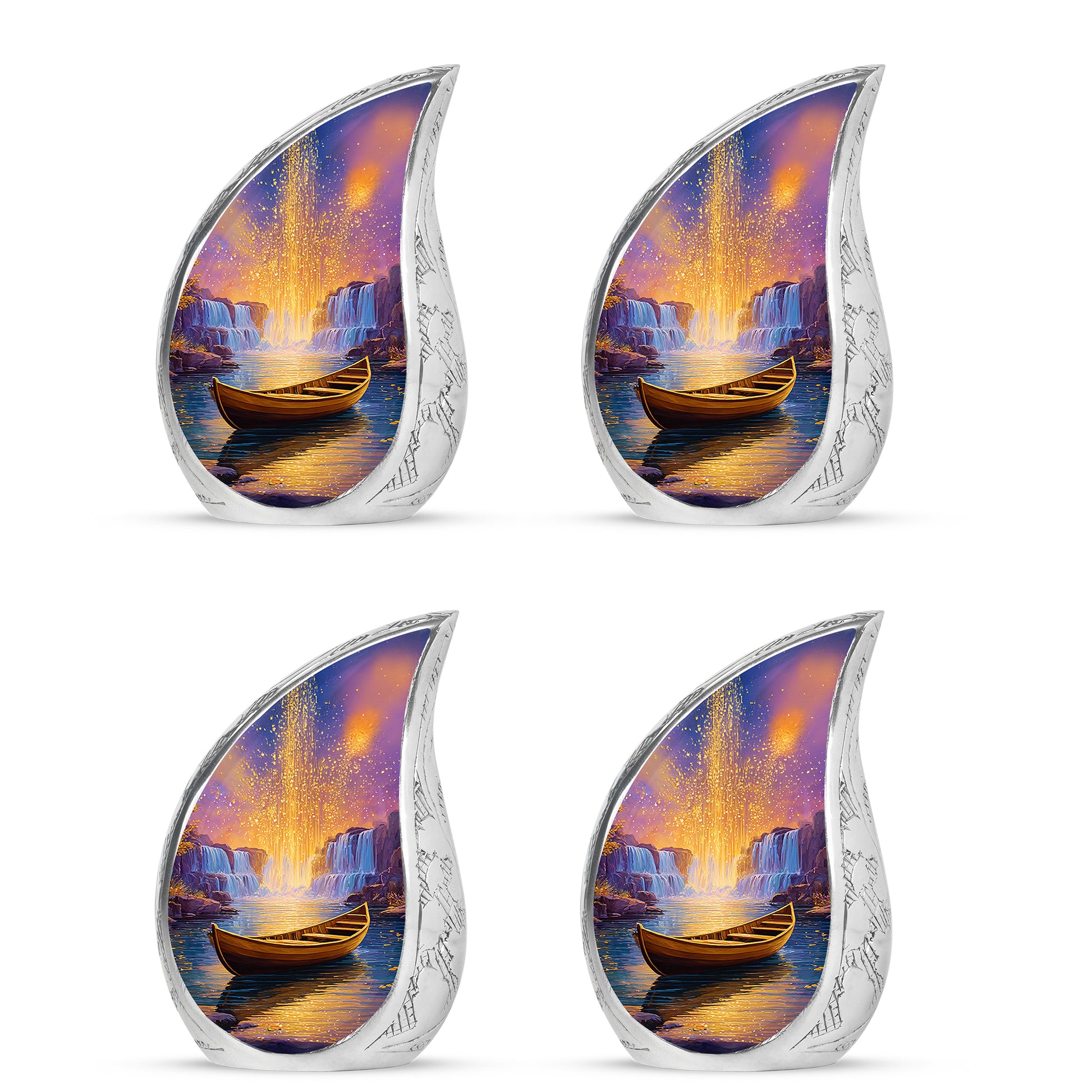 Pastel Pink Boat Cremation Urn close-up of engraving and surface detail - rounded teardrop boat design with delicate detail - 10 inch aluminum urn for cremated remains