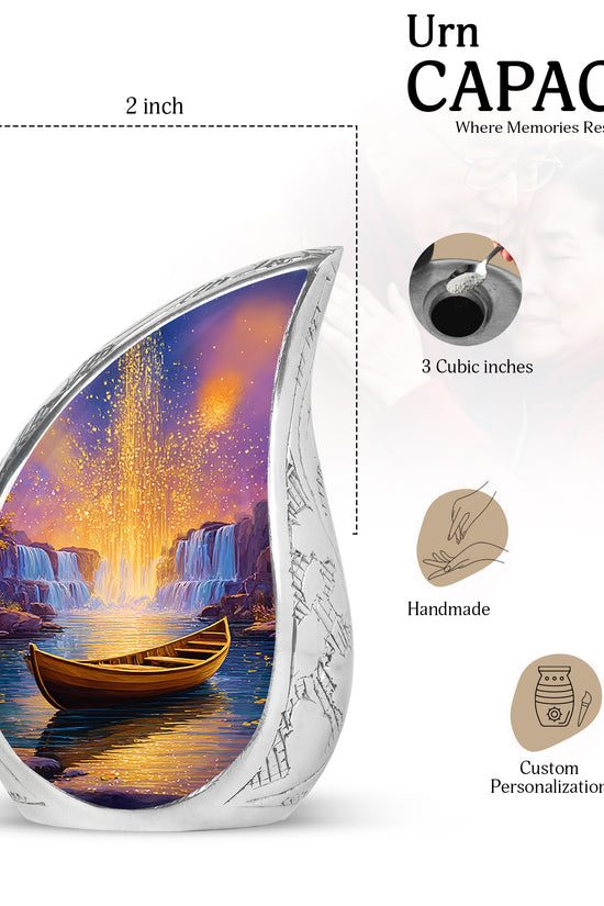 Rose Pink Boat Cremation Urn angled view of lid and engraved motif - rounded teardrop boat design with delicate detail - mini keepsake memorial for portion of cremation ashes