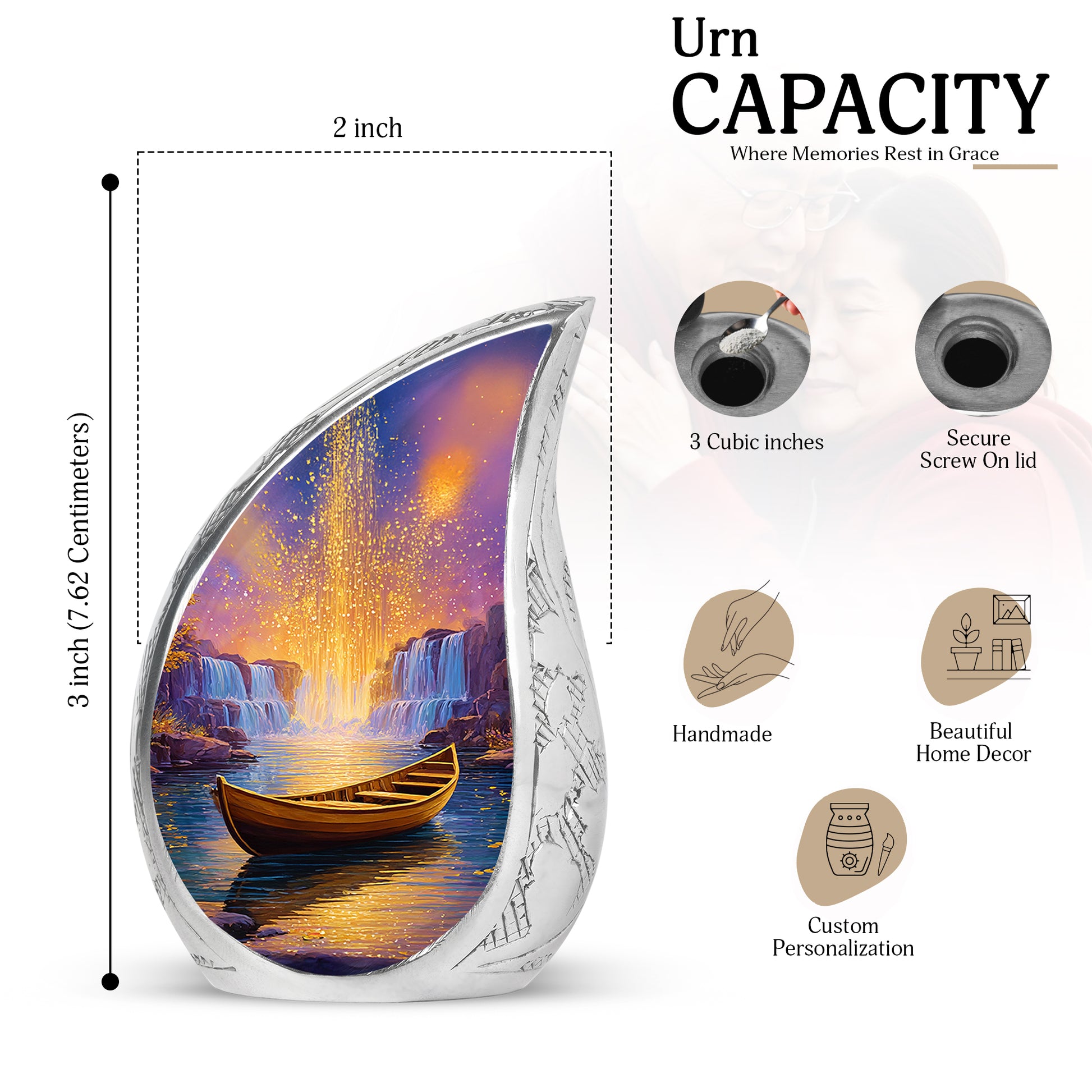 Rose Pink Boat Cremation Urn angled view of lid and engraved motif - rounded teardrop boat design with delicate detail - mini keepsake memorial for portion of cremation ashes
