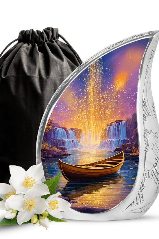 Petal Pink Boat Cremation Urn front view showing detailed design - smooth teardrop contour featuring boat art - full-size 10 inch 200 cubic inch adult cremation urn