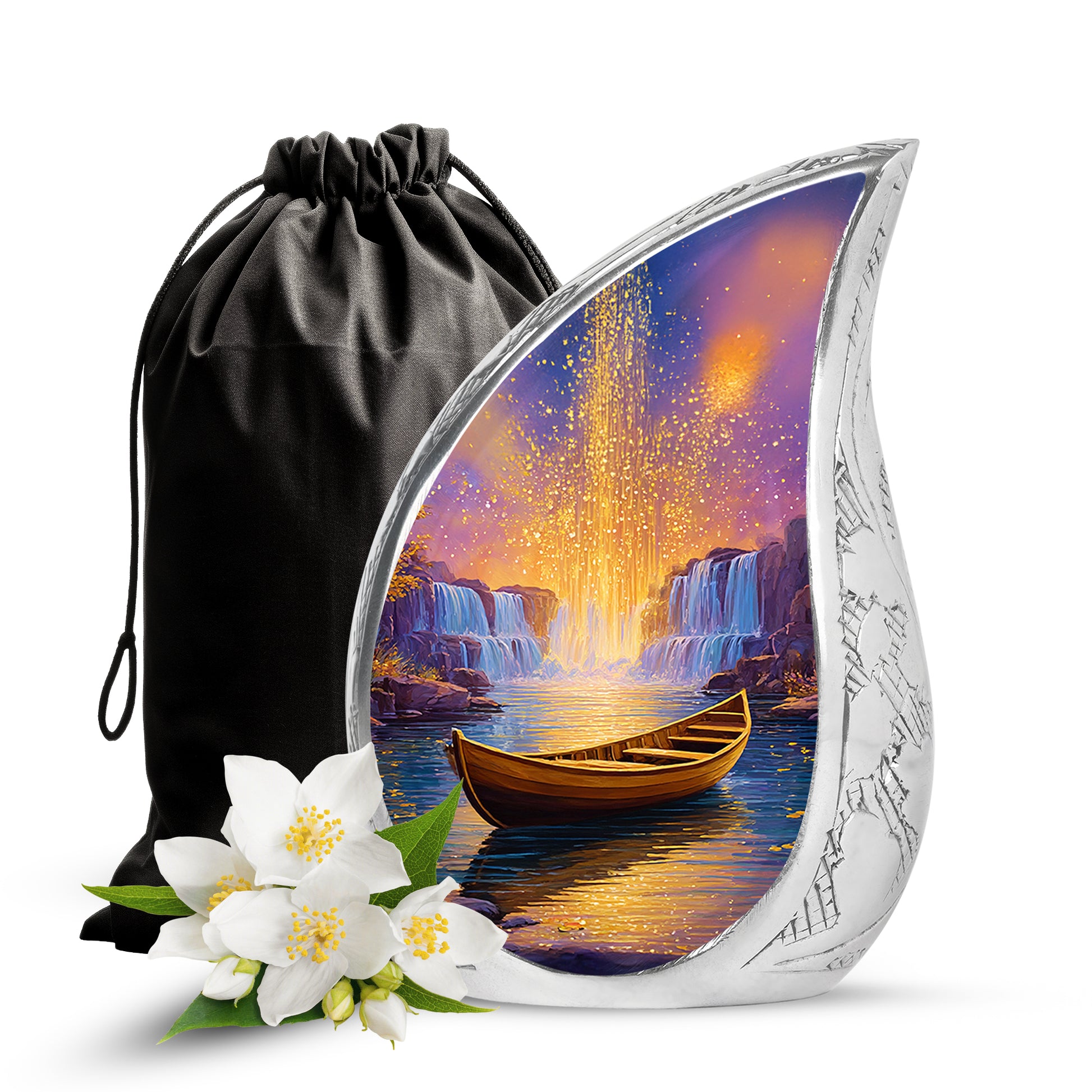 Petal Pink Boat Cremation Urn front view showing detailed design - smooth teardrop contour featuring boat art - full-size 10 inch 200 cubic inch adult cremation urn