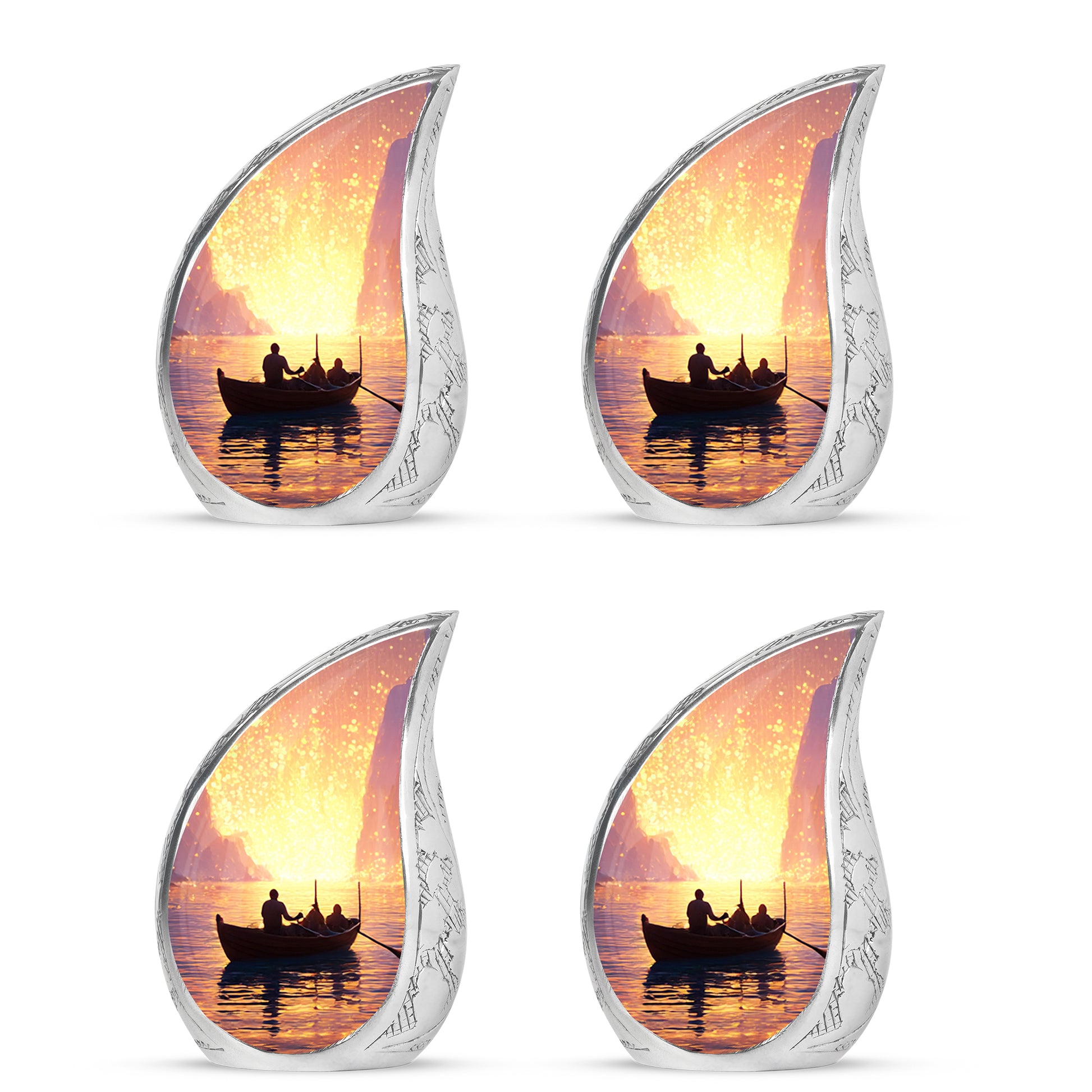 Cherry Red Boat Cremation Urn close-up of engraving and surface detail - graceful tear-shaped urn with boat motif - 10 inch aluminum urn for cremated remains