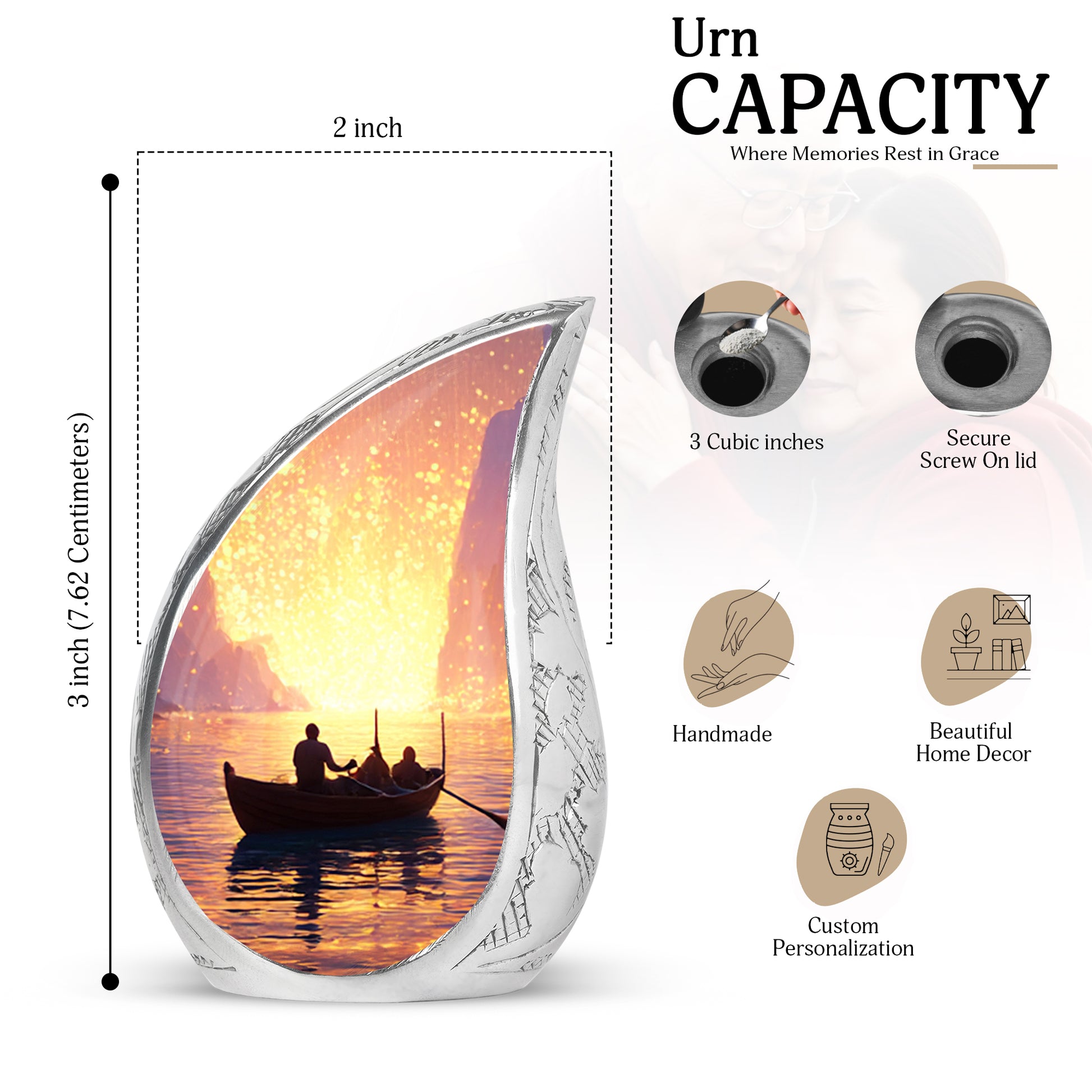 Cherry Red Boat Cremation Urn angled view of lid and engraved motif - smooth teardrop contour featuring boat art - mini keepsake memorial for portion of cremation ashes