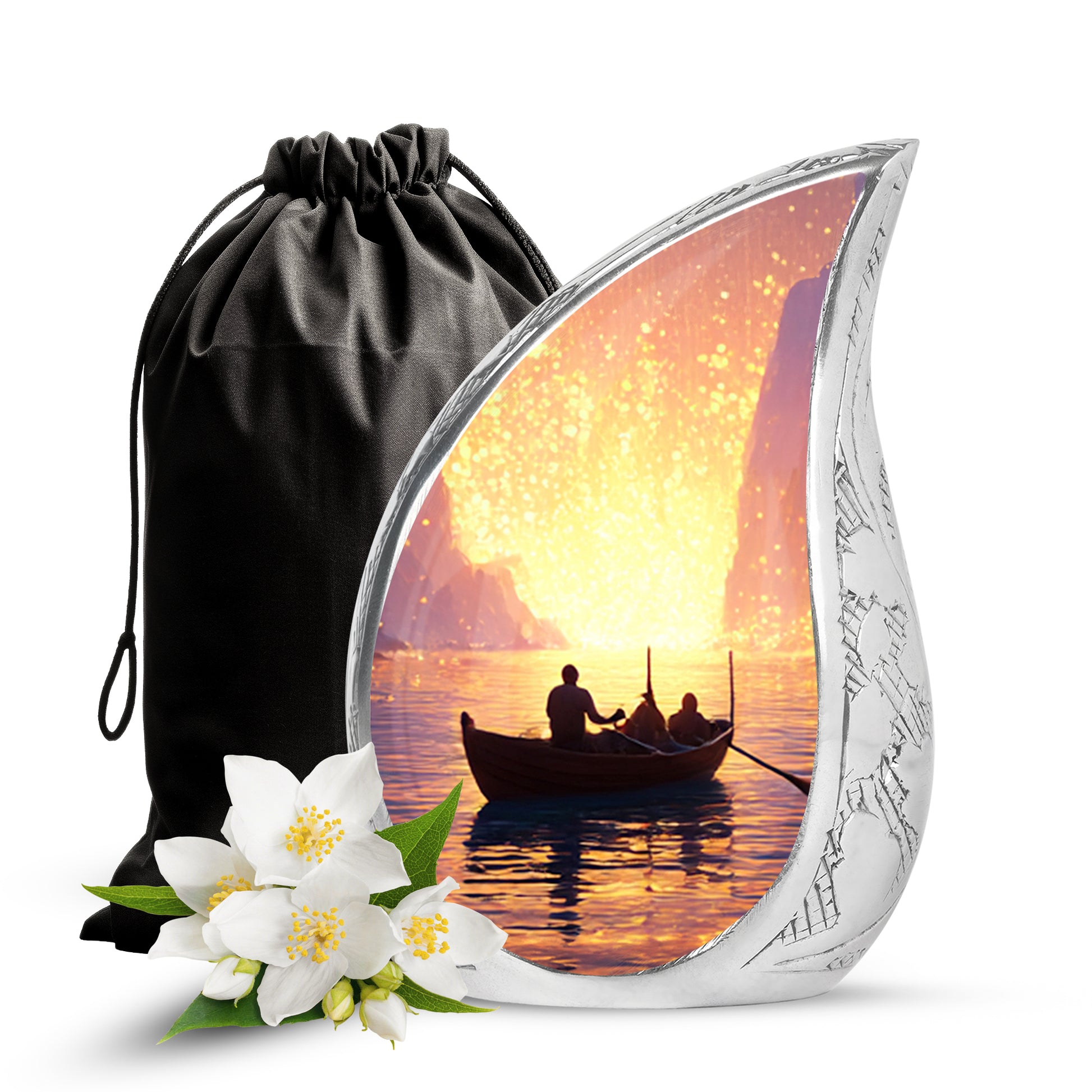 Garnet Red Boat Cremation Urn front view showing detailed design - rounded teardrop boat design with delicate detail - full-size 10 inch 200 cubic inch adult cremation urn