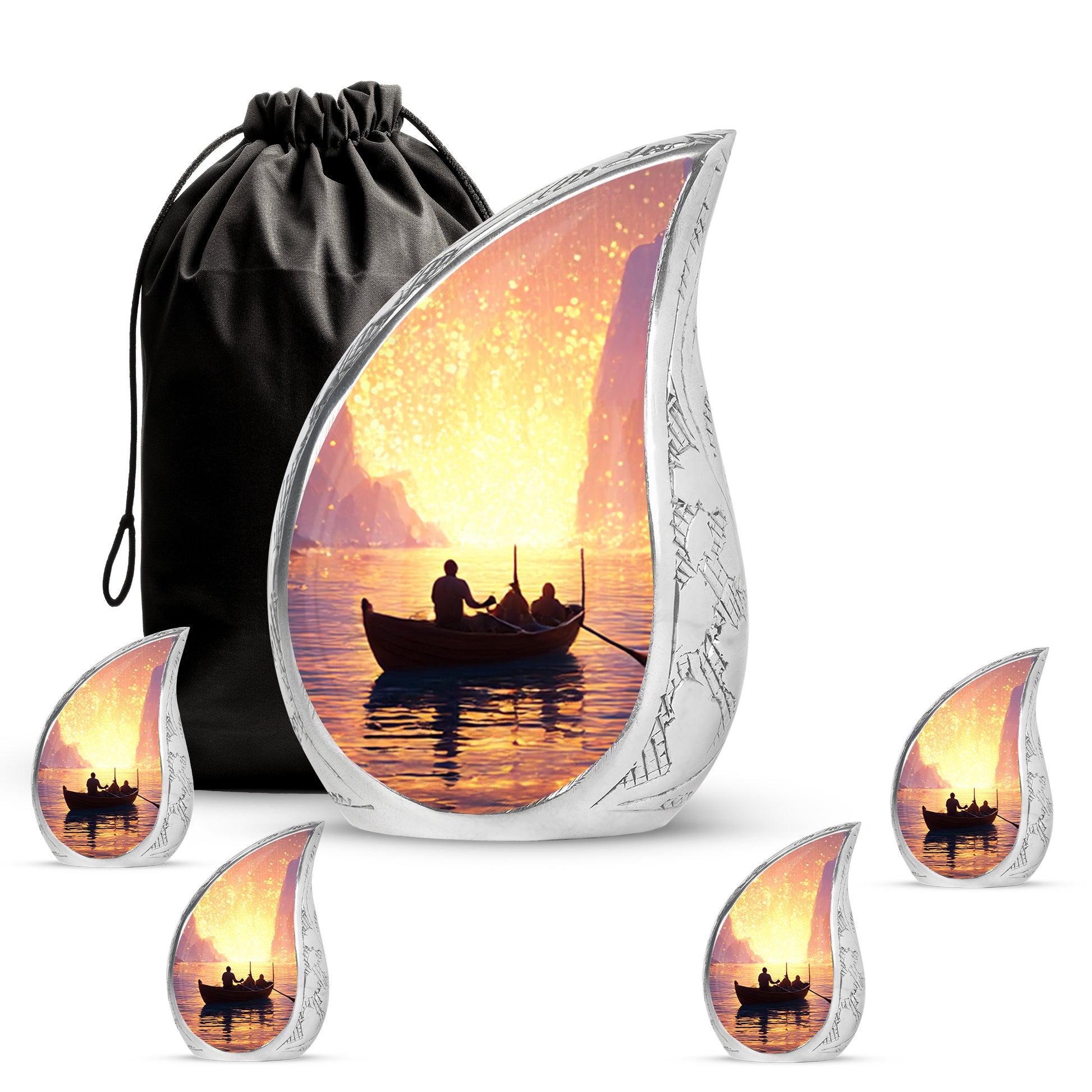 Wine Red Boat Cremation Urn side profile showing urn shape - flowing teardrop boat silhouette on curved aluminum - memorial set with one large and four small urns