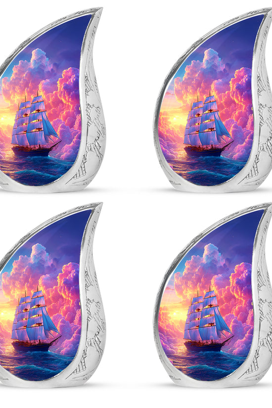 Majestic Purple Boat Cremation Urn close-up of engraving and surface detail - flowing teardrop boat silhouette on curved aluminum - 10 inch aluminum urn for cremated remains