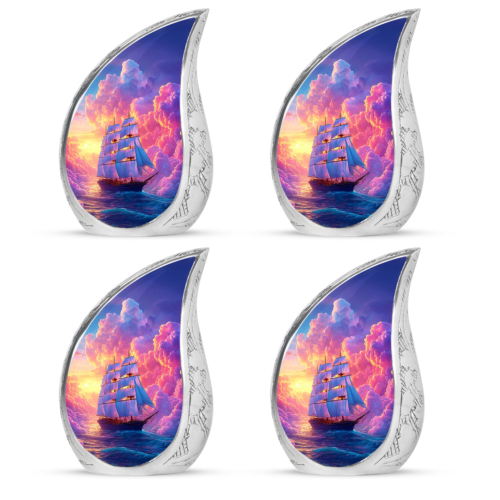 Majestic Purple Boat Cremation Urn close-up of engraving and surface detail - flowing teardrop boat silhouette on curved aluminum - 10 inch aluminum urn for cremated remains