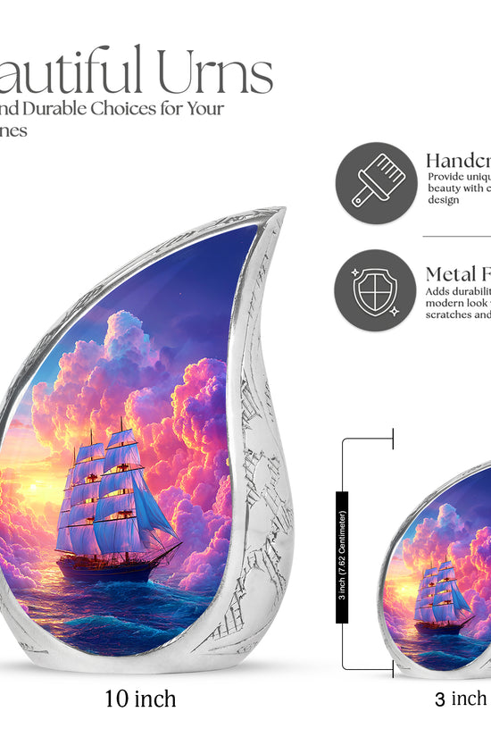 Orchid Purple Boat Cremation Urn angled view of lid and engraved motif - rounded teardrop boat design with delicate detail - mini keepsake memorial for portion of cremation ashes