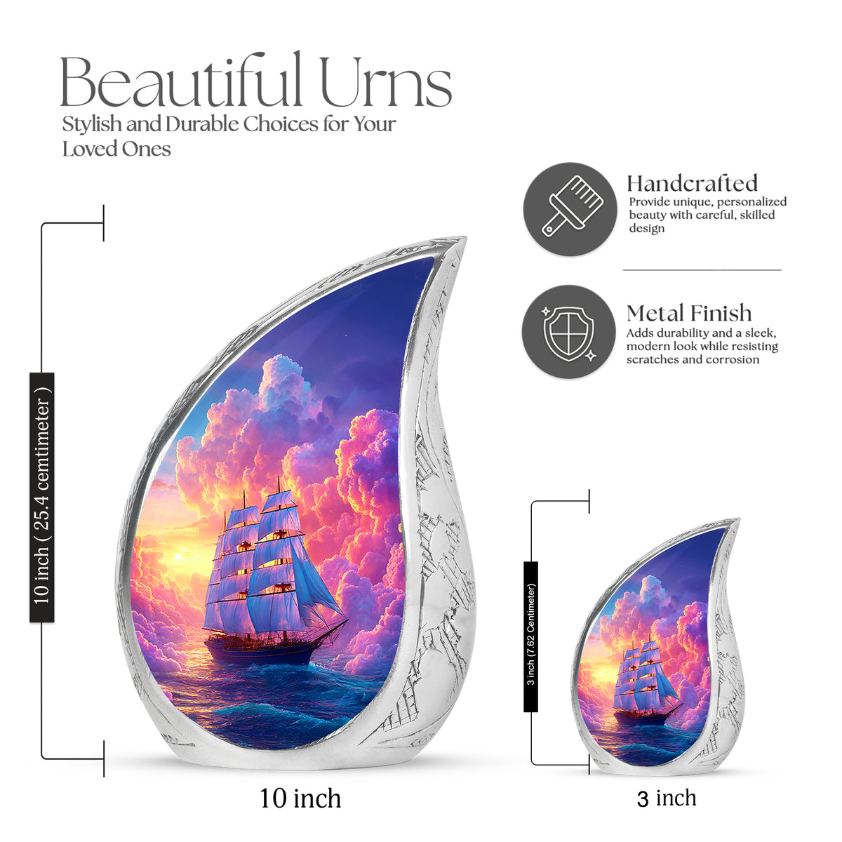 Orchid Purple Boat Cremation Urn angled view of lid and engraved motif - rounded teardrop boat design with delicate detail - mini keepsake memorial for portion of cremation ashes