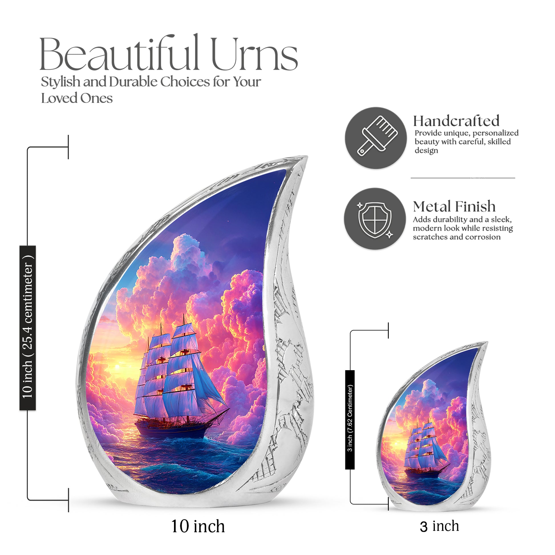 Orchid Purple Boat Cremation Urn angled view of lid and engraved motif - rounded teardrop boat design with delicate detail - mini keepsake memorial for portion of cremation ashes