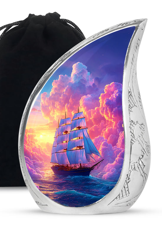 Twilight Purple Boat Cremation Urn front view showing detailed design - graceful tear-shaped urn with boat motif - full-size 10 inch 200 cubic inch adult cremation urn