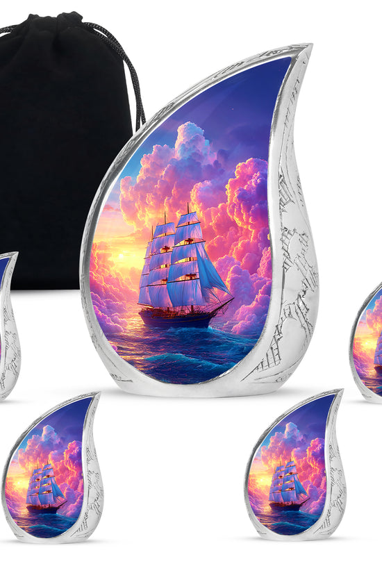 Violet Purple Boat Cremation Urn side profile showing urn shape - graceful tear-shaped urn with boat motif - memorial set with one large and four small urns