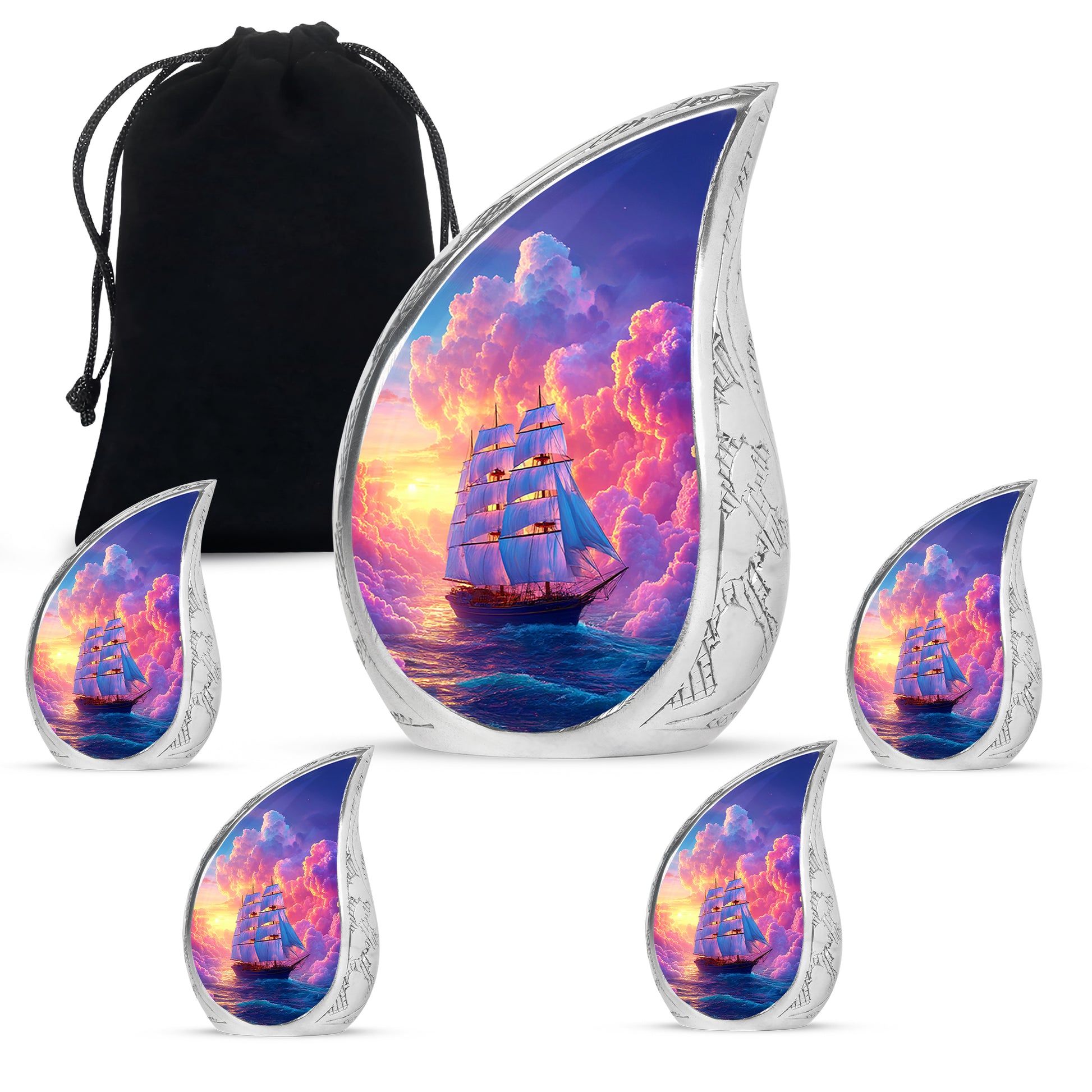 Violet Purple Boat Cremation Urn side profile showing urn shape - graceful tear-shaped urn with boat motif - memorial set with one large and four small urns