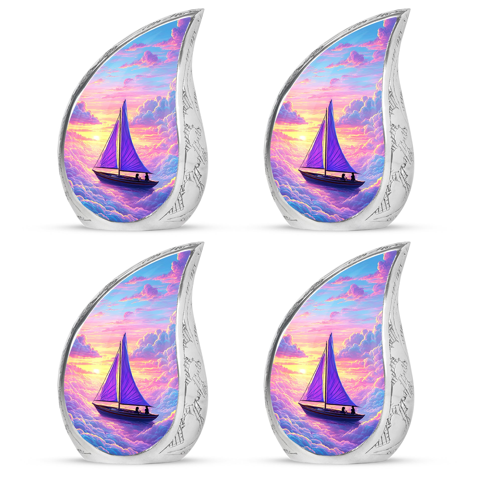 Vivid Blue Boat Cremation Urn close-up of engraving and surface detail - graceful tear-shaped urn with boat motif - 10 inch aluminum urn for cremated remains