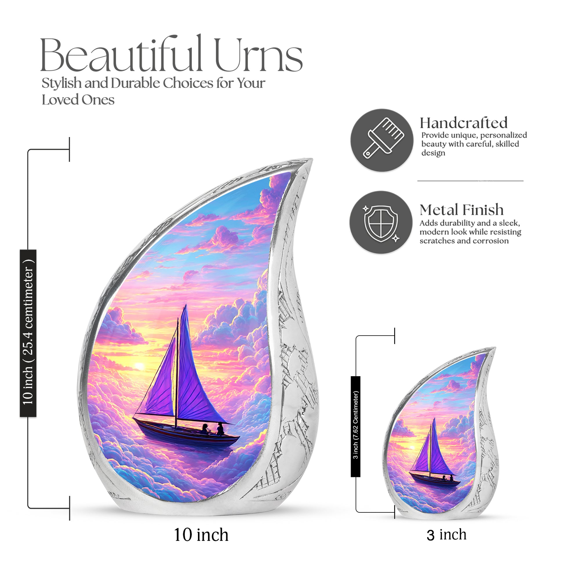 Pastel Blue Boat Cremation Urn angled view of lid and engraved motif - flowing teardrop boat silhouette on curved aluminum - mini keepsake memorial for portion of cremation ashes