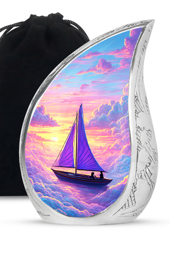 Calming Blue Boat Cremation Urn front view showing detailed design - smooth teardrop contour featuring boat art - full-size 10 inch 200 cubic inch adult cremation urn