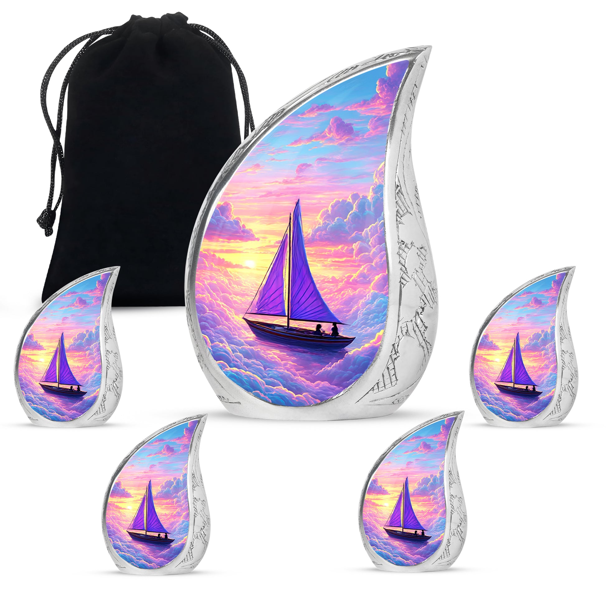 Cobalt Blue Boat Cremation Urn side profile showing urn shape - smooth teardrop contour featuring boat art - memorial set with one large and four small urns