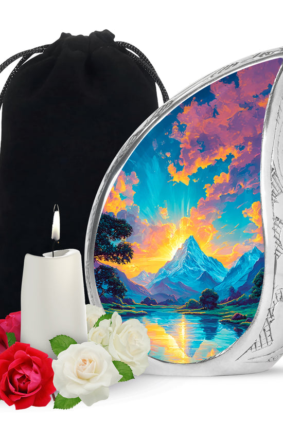 Sunset Mountain Lake Cremation Urn - Peaceful Nature Funeral Urn For Adult Ashes