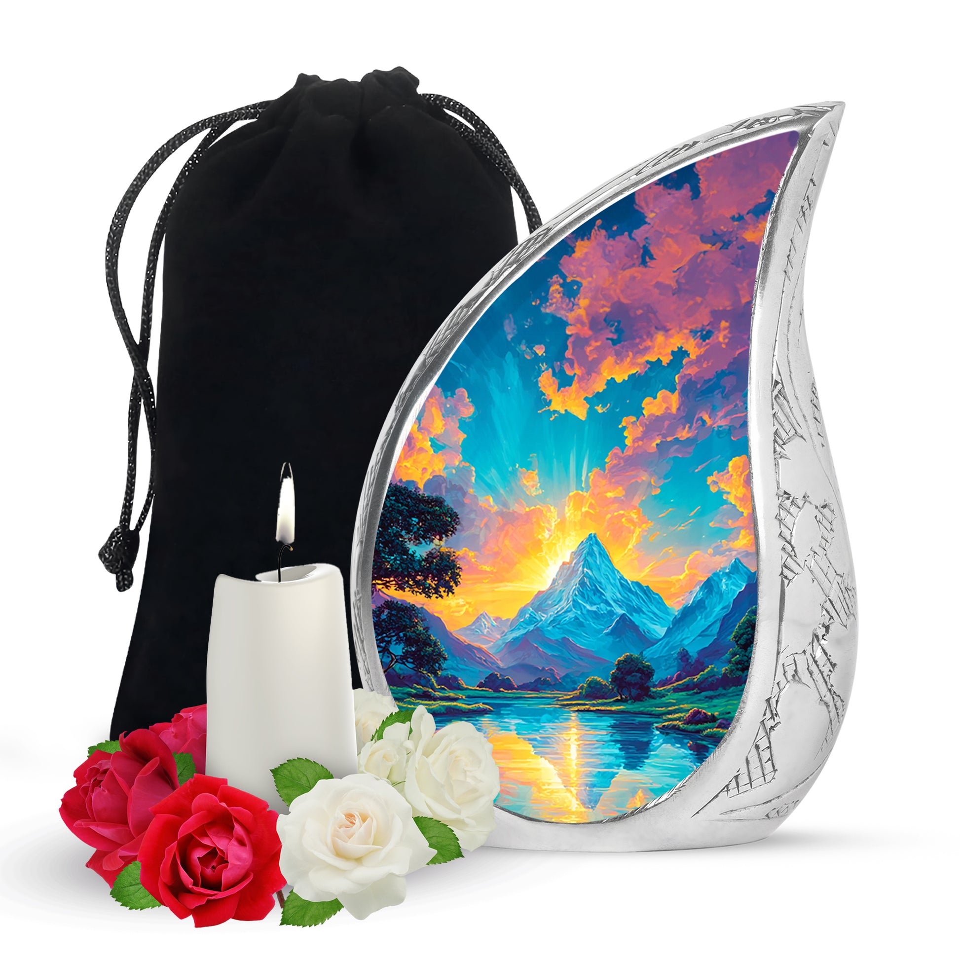 Sunset Mountain Lake Cremation Urn - Peaceful Nature Funeral Urn For Adult Ashes