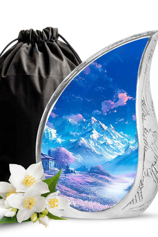 Beautiful Snow Mountain Funeral Urn For Ashes - Blue Large Memorial Urn For Ashes