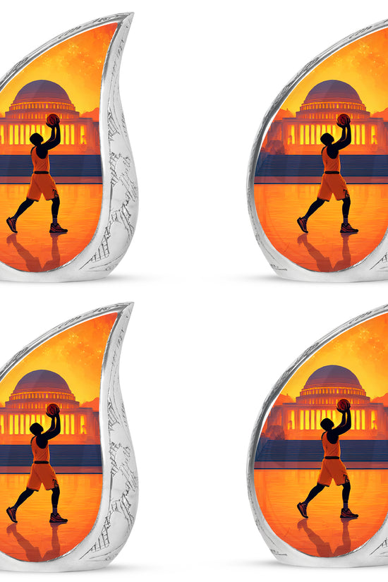 Cherry Red Basketball Cremation Urn close-up of engraving and surface detail - smooth teardrop contour featuring basketball art - 10 inch aluminum urn for cremated remains