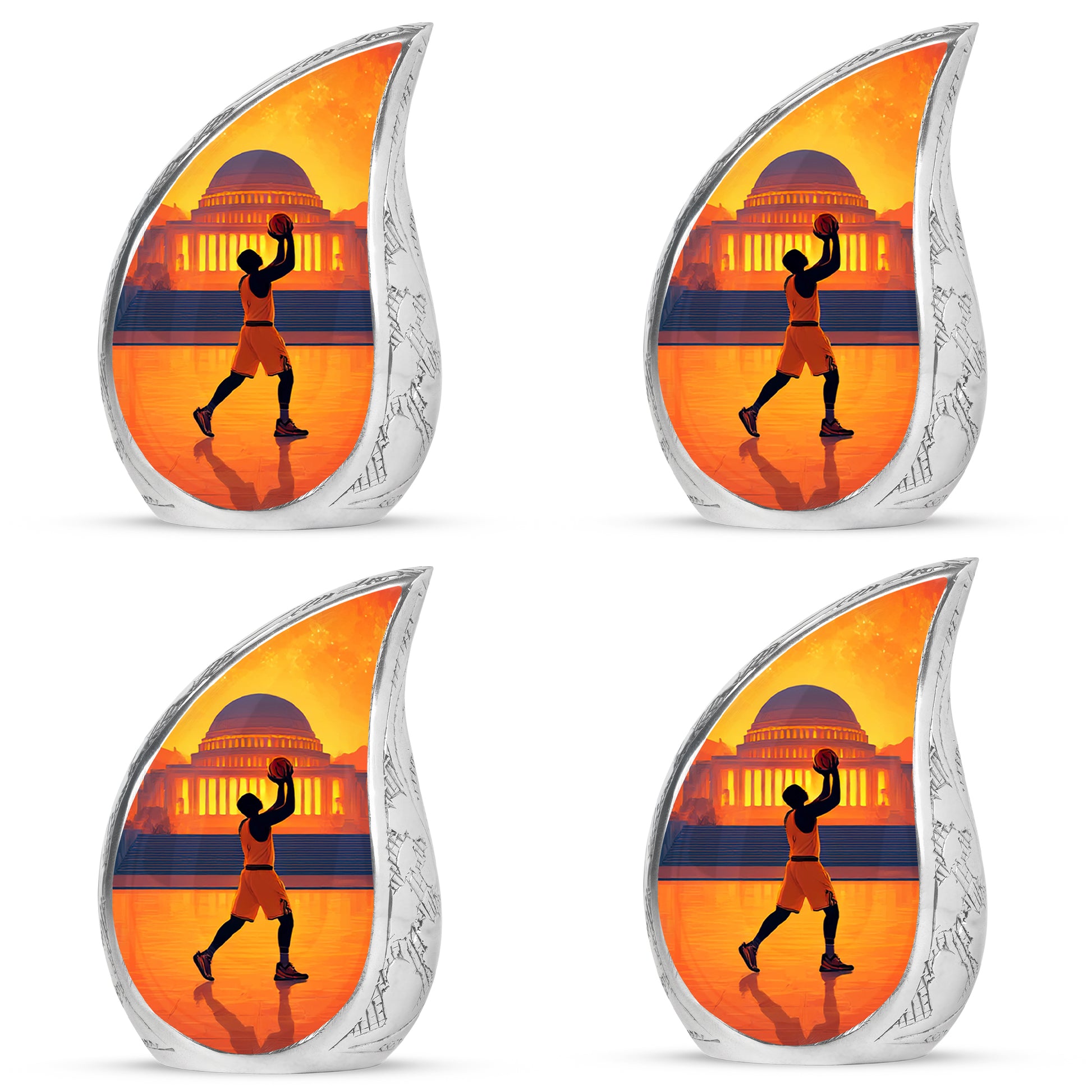 Cherry Red Basketball Cremation Urn close-up of engraving and surface detail - smooth teardrop contour featuring basketball art - 10 inch aluminum urn for cremated remains