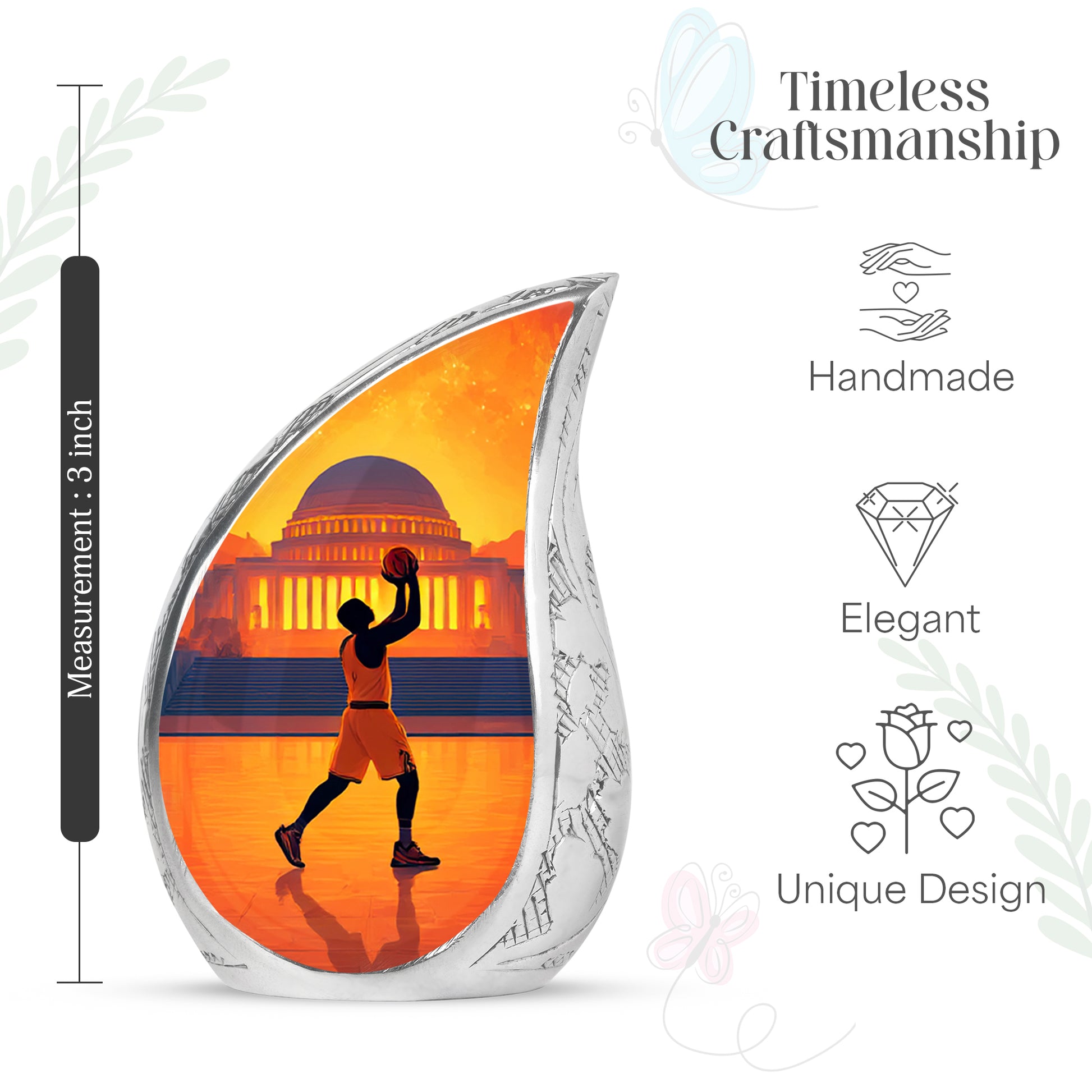 Cherry Red Basketball Cremation Urn angled view of lid and engraved motif - smooth teardrop contour featuring basketball art - mini keepsake memorial for portion of cremation ashes
