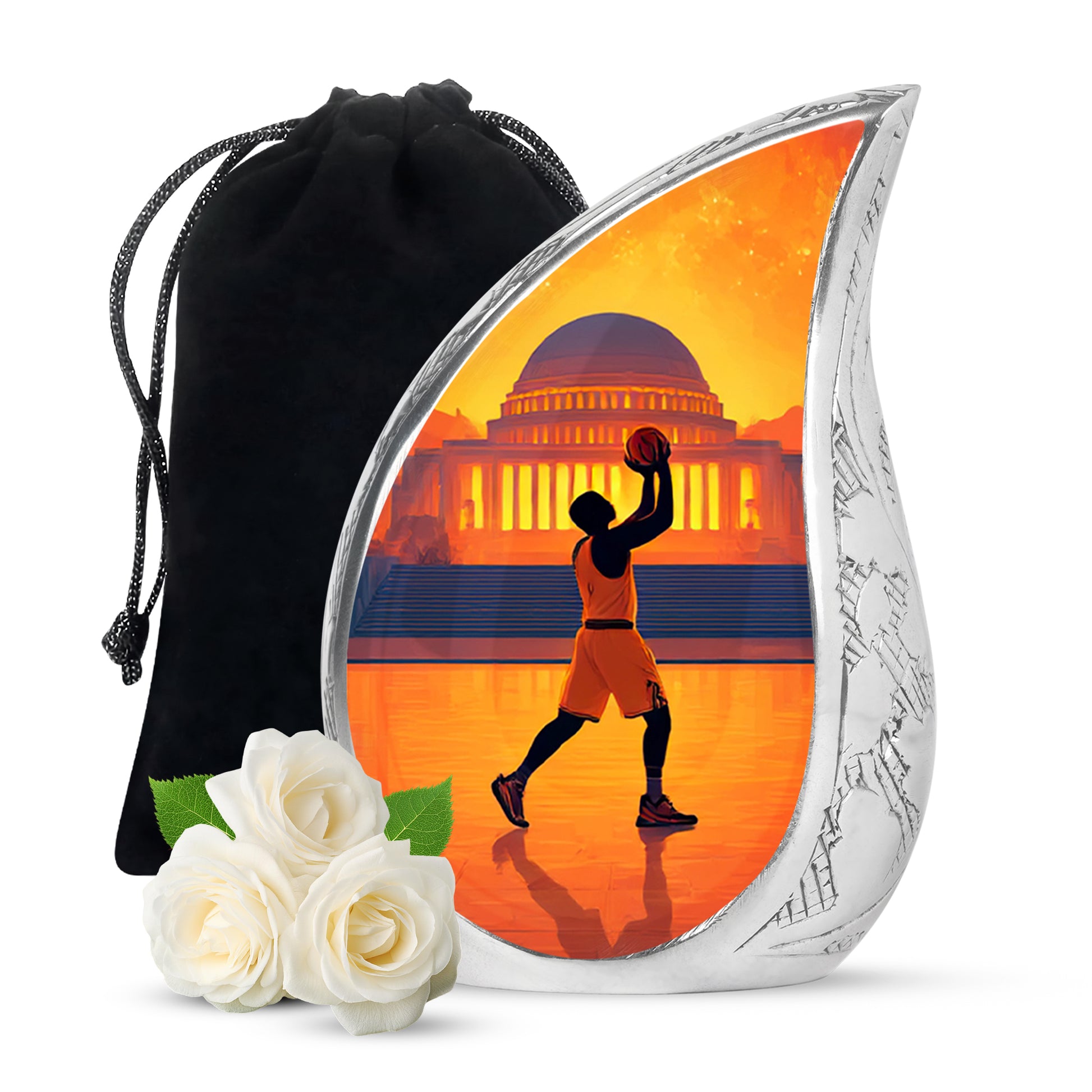 Garnet Red Basketball Cremation Urn front view showing detailed design - flowing teardrop basketball silhouette on curved aluminum - full-size 10 inch 200 cubic inch adult cremation urn