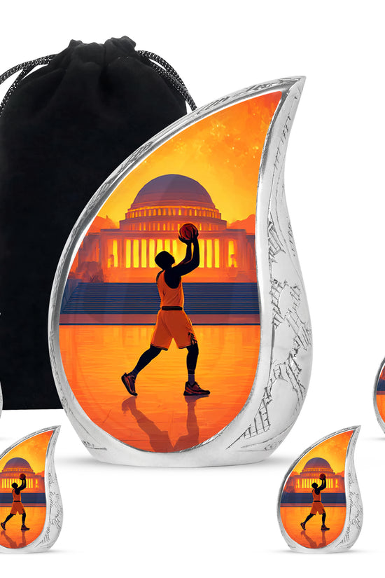 Burgundy Red Basketball Cremation Urn side profile showing urn shape - rounded teardrop basketball design with delicate detail - memorial set with one large and four small urns