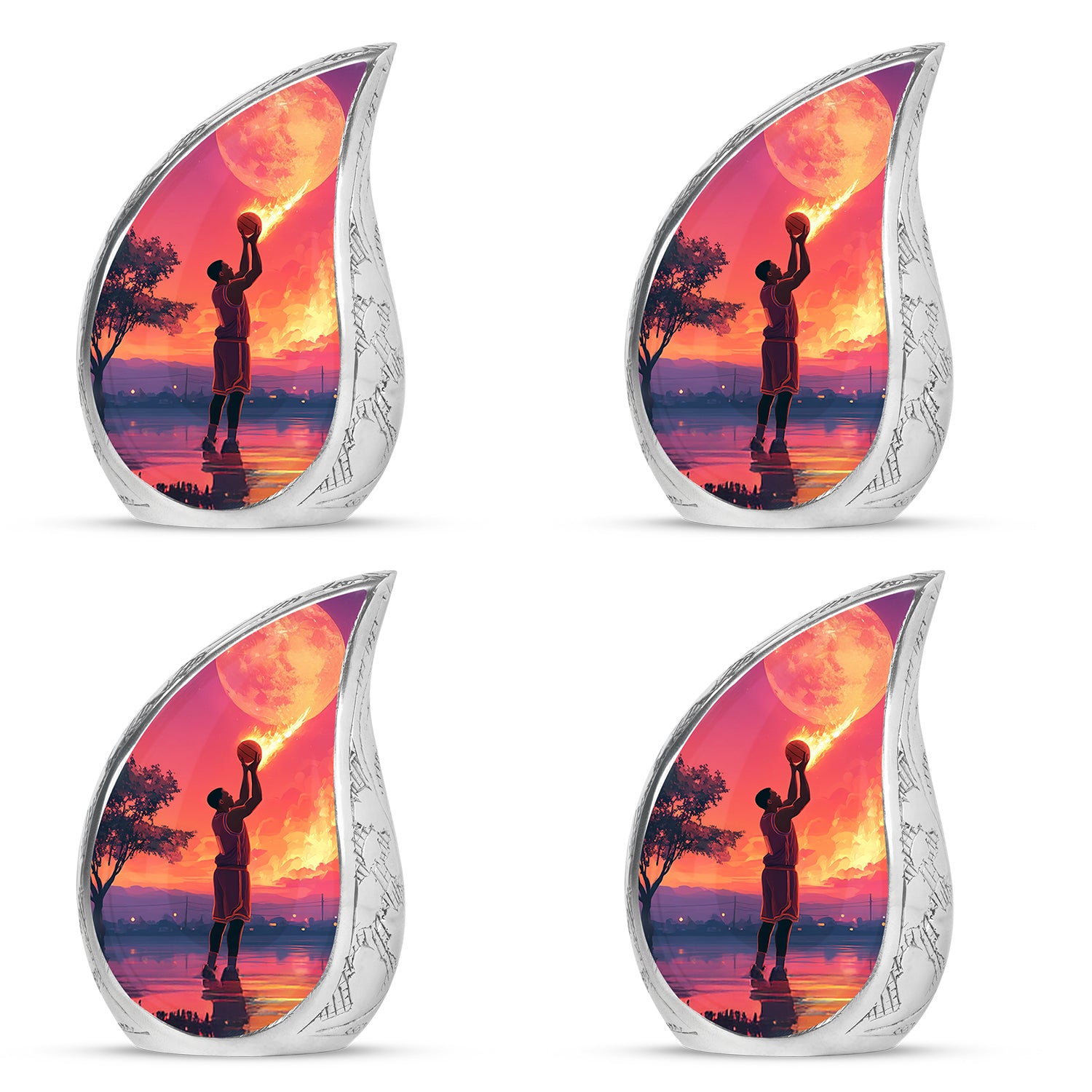 Misty Blue Basketball Cremation Urn close-up of engraving and surface detail - flowing teardrop basketball silhouette on curved aluminum - 10 inch aluminum urn for cremated remains