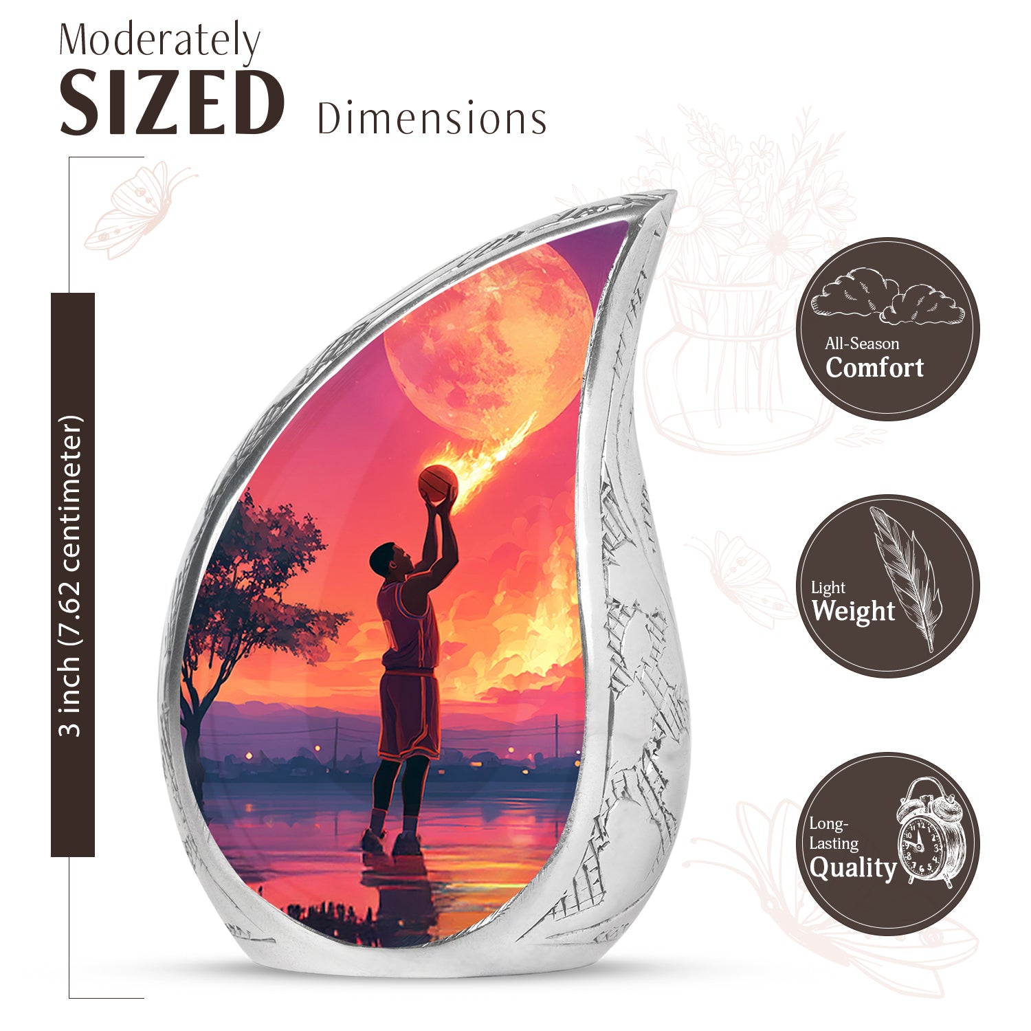 Slate Blue Basketball Cremation Urn angled view of lid and engraved motif - flowing teardrop basketball silhouette on curved aluminum - mini keepsake memorial for portion of cremation ashes
