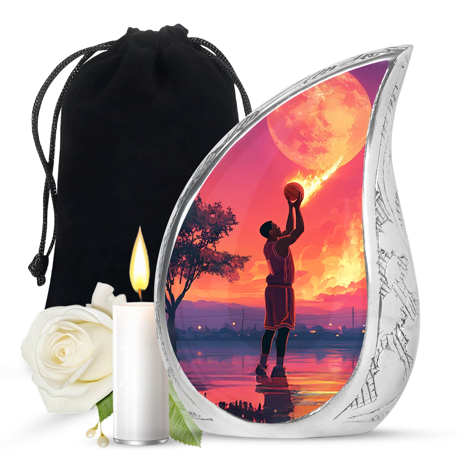 Sky Blue Basketball Cremation Urn front view showing detailed design - flowing teardrop basketball silhouette on curved aluminum - full-size 10 inch 200 cubic inch adult cremation urn