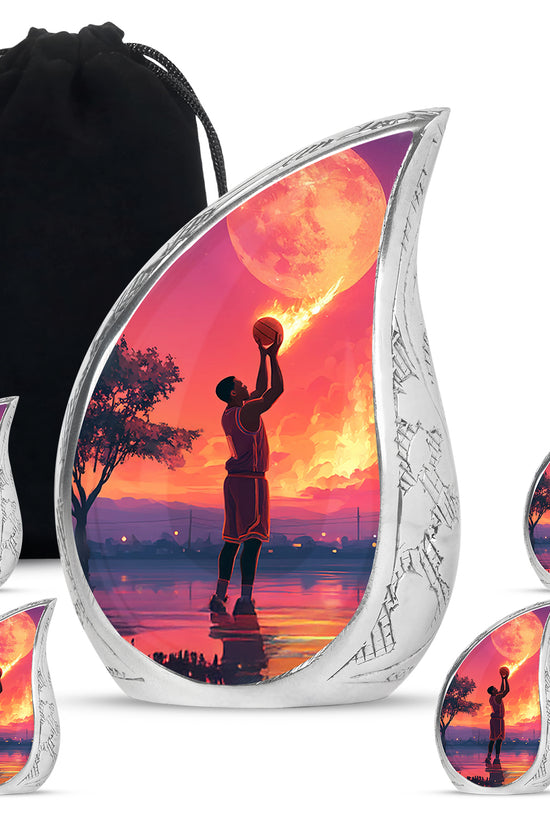 Calming Blue Basketball Cremation Urn side profile showing urn shape - graceful tear-shaped urn with basketball motif - memorial set with one large and four small urns