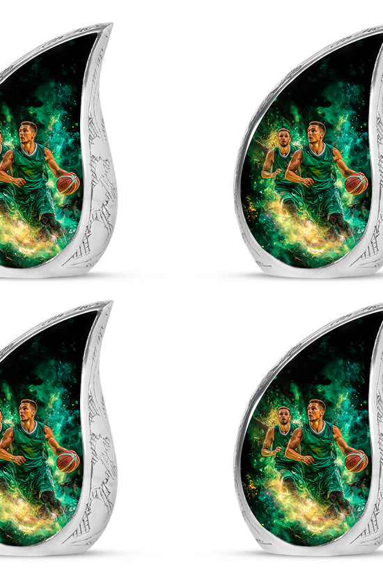 Onyx Black Basketball Cremation Urn close-up of engraving and surface detail - smooth teardrop contour featuring basketball art - 10 inch aluminum urn for cremated remains