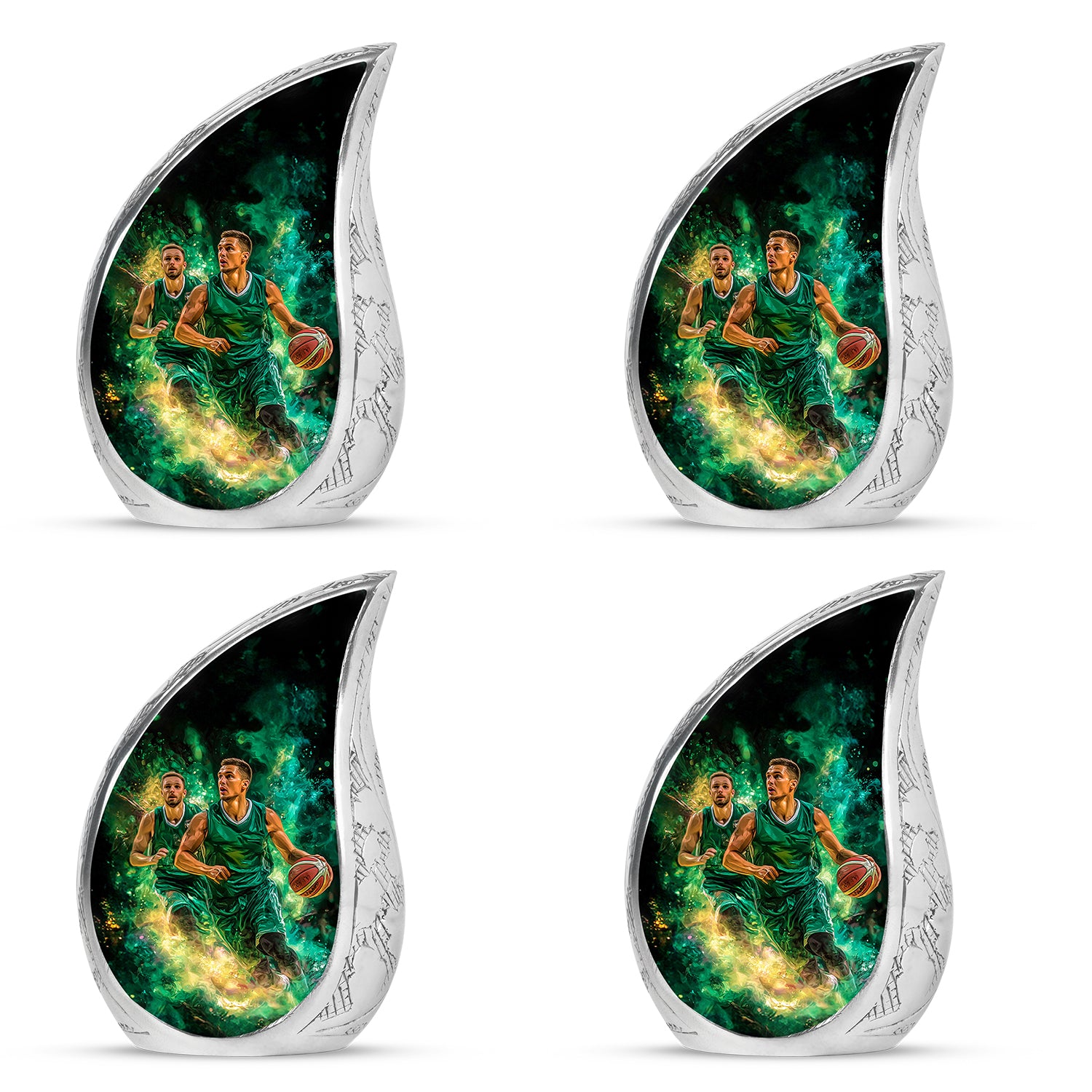 Onyx Black Basketball Cremation Urn close-up of engraving and surface detail - smooth teardrop contour featuring basketball art - 10 inch aluminum urn for cremated remains