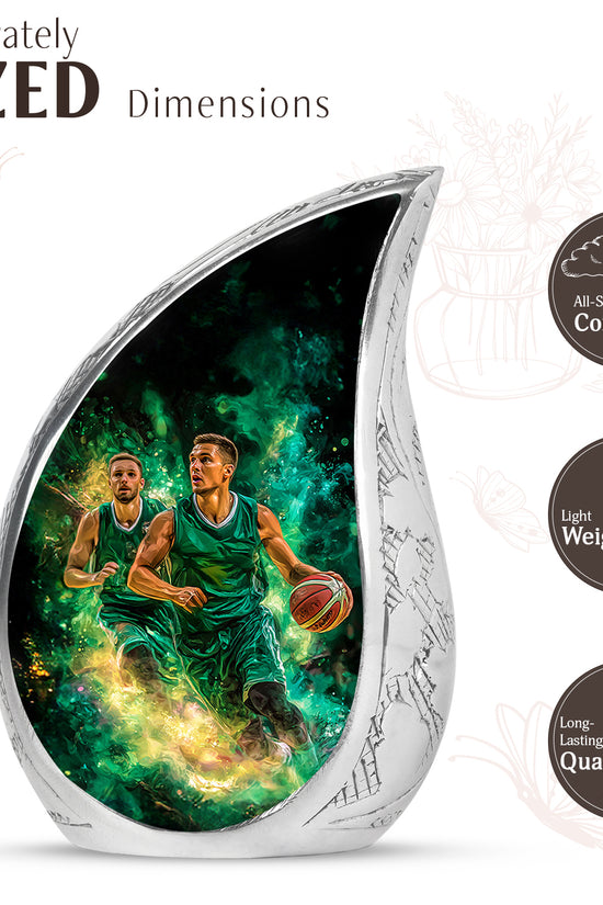 Ebony Basketball Cremation Urn angled view of lid and engraved motif - rounded teardrop basketball design with delicate detail - mini keepsake memorial for portion of cremation ashes