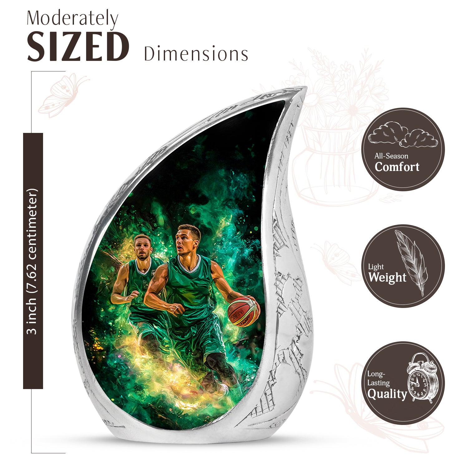 Ebony Basketball Cremation Urn angled view of lid and engraved motif - rounded teardrop basketball design with delicate detail - mini keepsake memorial for portion of cremation ashes
