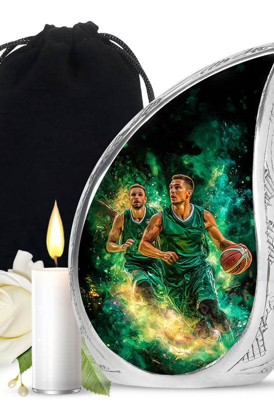 Dark Black Basketball Cremation Urn front view showing detailed design - graceful tear-shaped urn with basketball motif - full-size 10 inch 200 cubic inch adult cremation urn