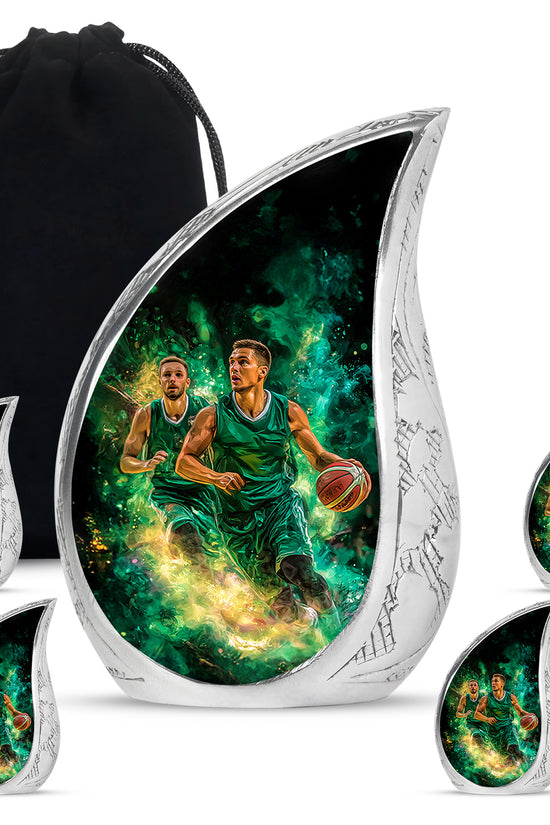 Deep Black Basketball Cremation Urn side profile showing urn shape - flowing teardrop basketball silhouette on curved aluminum - memorial set with one large and four small urns