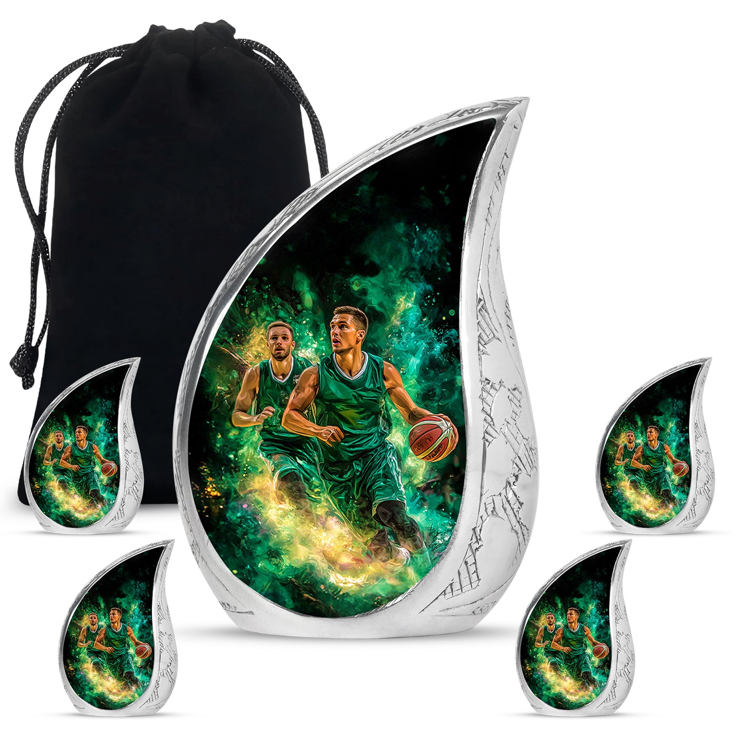Deep Black Basketball Cremation Urn side profile showing urn shape - flowing teardrop basketball silhouette on curved aluminum - memorial set with one large and four small urns