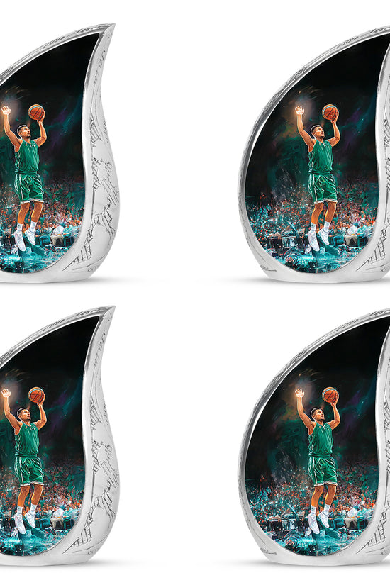 Charcoal Black Basketball Cremation Urn close-up of engraving and surface detail - graceful tear-shaped urn with basketball motif - 10 inch aluminum urn for cremated remains