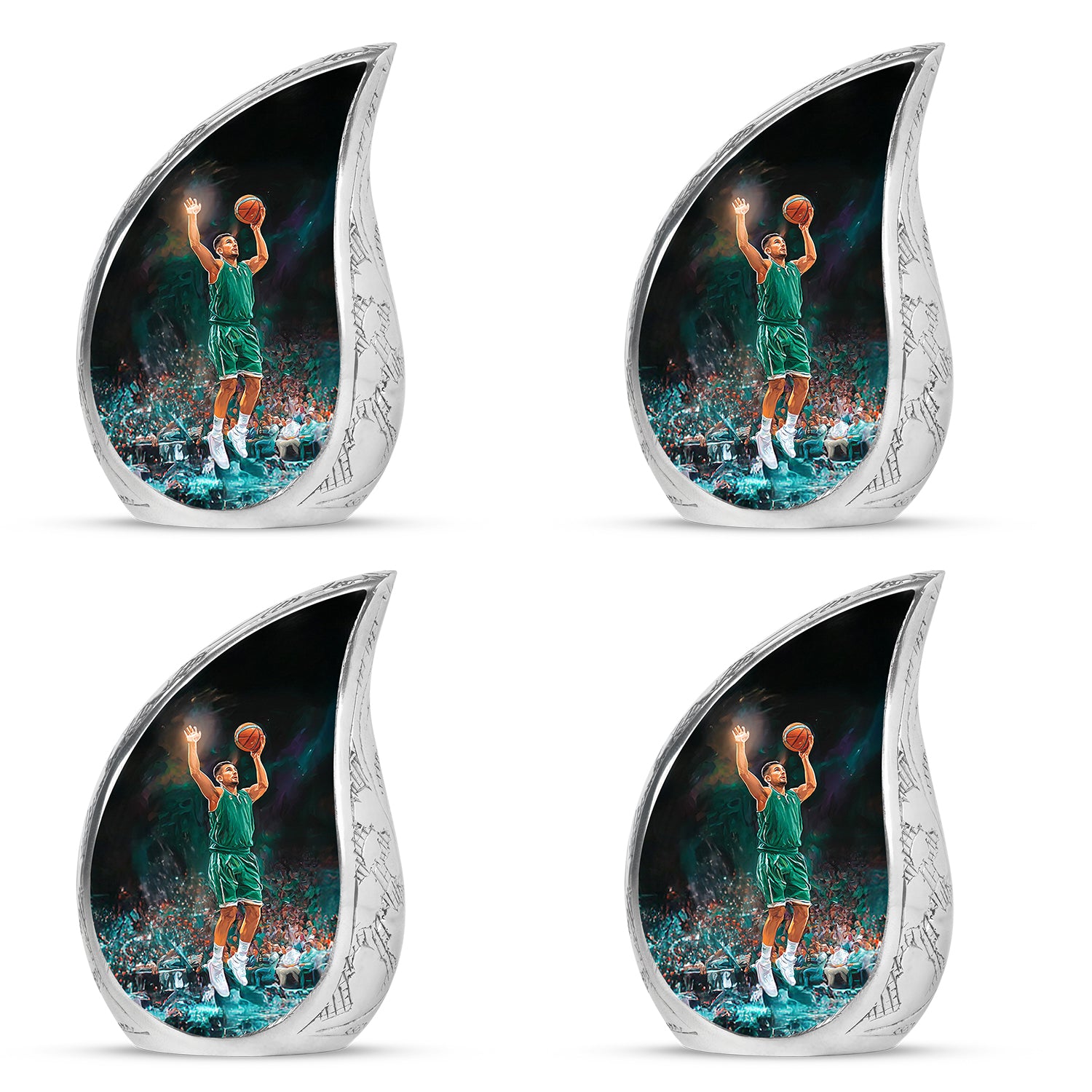 Charcoal Black Basketball Cremation Urn close-up of engraving and surface detail - graceful tear-shaped urn with basketball motif - 10 inch aluminum urn for cremated remains